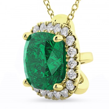 Halo Lab Emerald Cushion Cut Pendant Necklace 14k Yellow Gold (2.02ct)