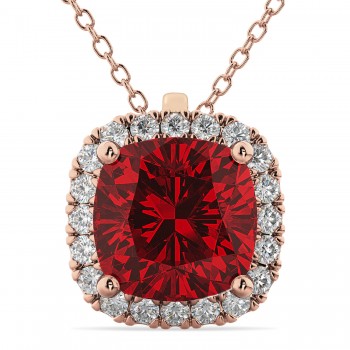 Halo Lab Ruby Cushion Cut Pendant Necklace 14k Rose Gold (2.02ct)