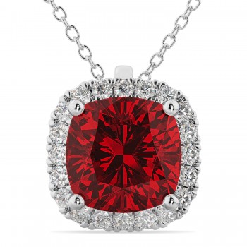 Halo Lab Ruby Cushion Cut Pendant Necklace 14k White Gold (2.02ct)