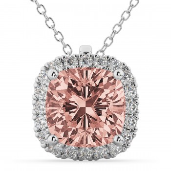 Halo Morganite Cushion Cut Pendant Necklace 14k White Gold (2.02ct)