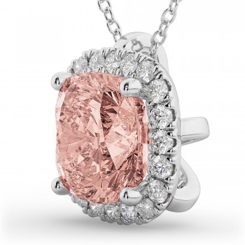 Halo Morganite Cushion Cut Pendant Necklace 14k White Gold (2.02ct)