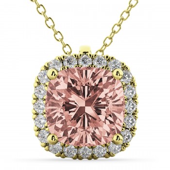 Halo Morganite Cushion Cut Pendant Necklace 14k Yellow Gold (2.02ct)