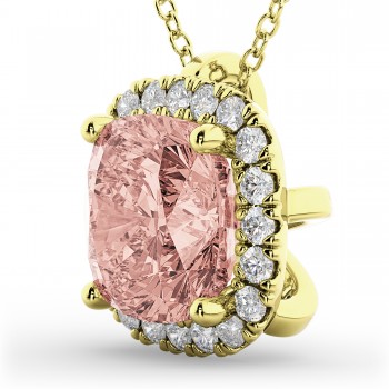 Halo Morganite Cushion Cut Pendant Necklace 14k Yellow Gold (2.02ct)