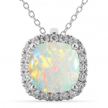 Halo Opal Cushion Cut Pendant Necklace 14k White Gold (2.02ct)