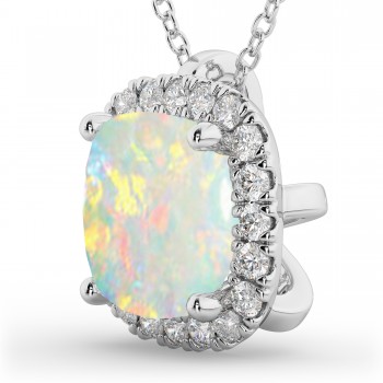 Halo Opal Cushion Cut Pendant Necklace 14k White Gold (2.02ct)