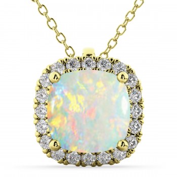 Halo Opal Cushion Cut Pendant Necklace 14k Yellow Gold (2.02ct)