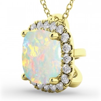 Halo Opal Cushion Cut Pendant Necklace 14k Yellow Gold (2.02ct)