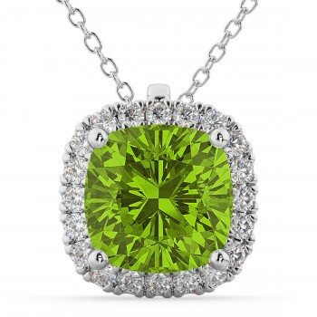 Halo Peridot Cushion Cut Pendant Necklace 14k White Gold (2.02ct)