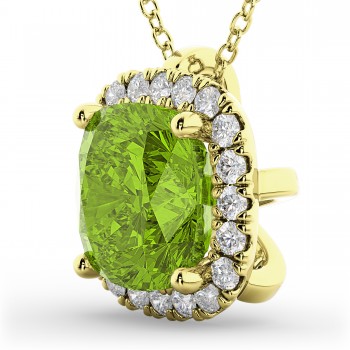 Halo Peridot Cushion Cut Pendant Necklace 14k Yellow Gold (2.02ct)