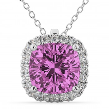 Halo Pink Sapphire Cushion Cut Pendant Necklace 14k White Gold (2.02ct)