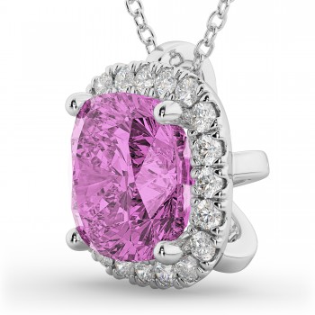 Halo Pink Sapphire Cushion Cut Pendant Necklace 14k White Gold (2.02ct)