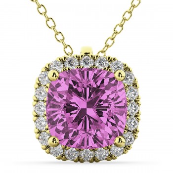 Halo Pink Sapphire Cushion Cut Pendant Necklace 14k Yellow Gold (2.02ct)