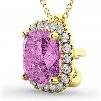 Halo Pink Sapphire Cushion Cut Pendant Necklace 14k Yellow Gold (2.02ct)