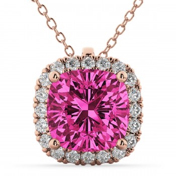 Halo Pink Tourmaline Cushion Cut Pendant Necklace 14k Rose Gold (2.02ct)