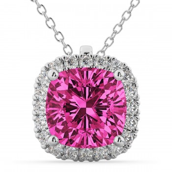 Halo Pink Tourmaline Cushion Cut Pendant Necklace 14k White Gold (2.02ct)