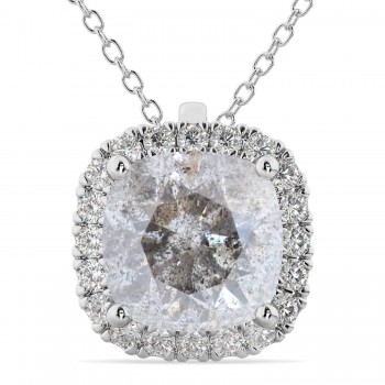 Halo Cushion Cut Salt & Pepper Diamond Necklace 14k White Gold (2.27ct)