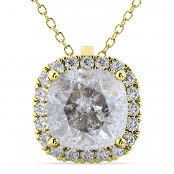 Halo Cushion Cut Salt & Pepper Diamond Necklace 14k Yellow Gold (2.27ct)