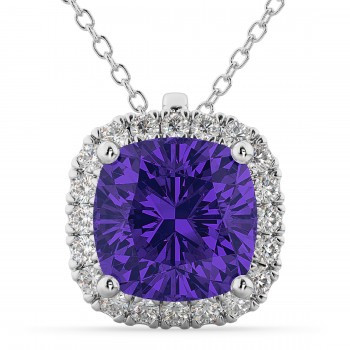 Halo Tanzanite Cushion Cut Pendant Necklace 14k White Gold (2.02ct)