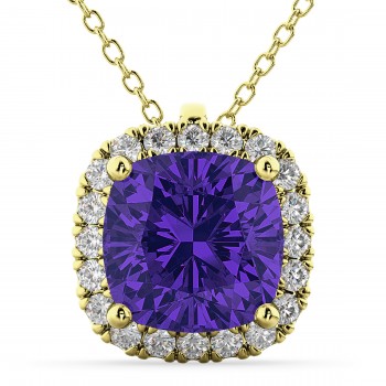 Halo Tanzanite Cushion Cut Pendant Necklace 14k Yellow Gold (2.02ct)