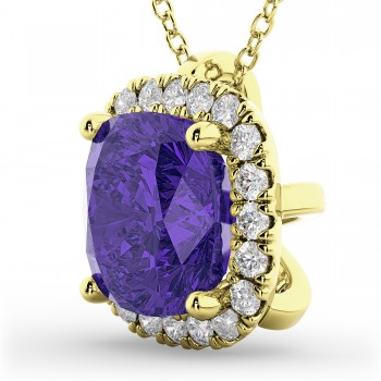 Halo Tanzanite Cushion Cut Pendant Necklace 14k Yellow Gold (2.02ct)