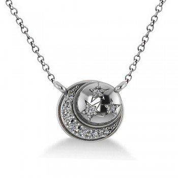 Diamond Crescent Moon & Stars Pendant Necklace 14k White Gold (0.14ct)
