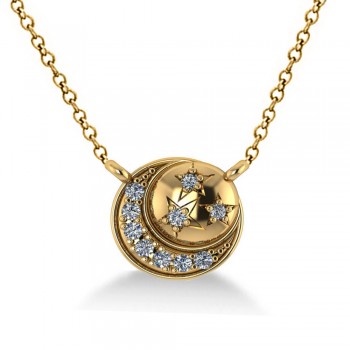 Diamond Crescent Moon & Stars Pendant Necklace 14k Yellow Gold 0.14ct