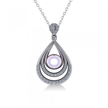 Pearl & Diamond Tear Drop Pendant Necklace 14k White Gold (0.46ct)