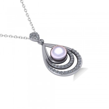 Pearl & Diamond Tear Drop Pendant Necklace 14k White Gold (0.46ct)