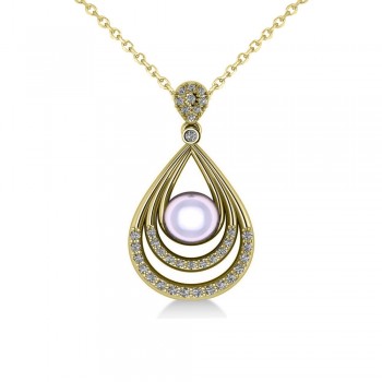 Pearl & Diamond Tear Drop Pendant Necklace 14k Yellow Gold (0.46ct)