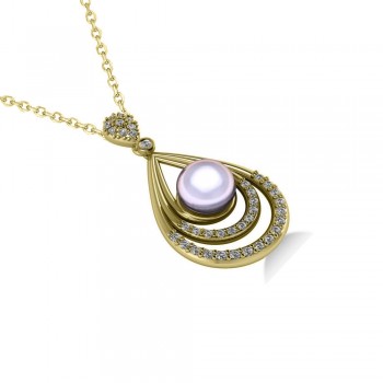 Pearl & Diamond Tear Drop Pendant Necklace 14k Yellow Gold (0.46ct)