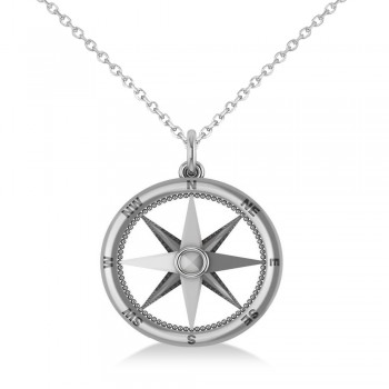 Nautical Compass Pendant Necklace Plain Metal 14k White Gold