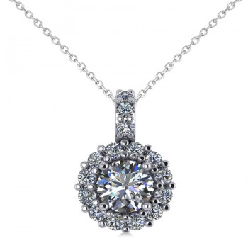 Round Diamond Halo Pendant Necklace 14k White Gold (0.80ct)