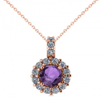 Round Amethyst & Diamond Halo Pendant Necklace 14k Rose Gold (0.70ct)