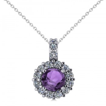 Round Amethyst & Diamond Halo Pendant Necklace 14k White Gold (0.70ct)