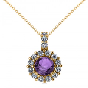 Round Amethyst & Diamond Halo Pendant Necklace 14k Yellow Gold (0.70ct)