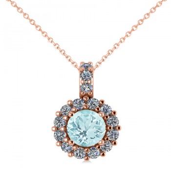 Round Aquamarine & Diamond Halo Pendant Necklace 14k Rose Gold (0.75ct)