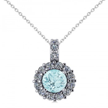 Round Aquamarine & Diamond Halo Pendant Necklace 14k White Gold (0.75ct)