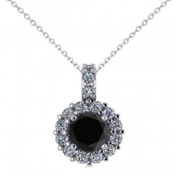 Round Black Diamond & Diamond Halo Pendant Necklace 14k White Gold (0.80ct)