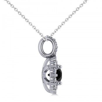 Round Black Diamond & Diamond Halo Pendant Necklace 14k White Gold (0.80ct)