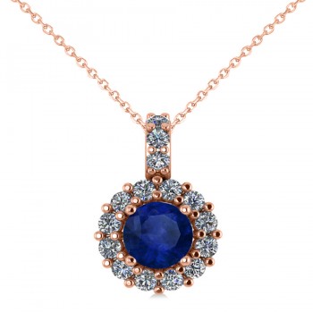 Round Blue Sapphire & Diamond Halo Pendant Necklace 14k Rose Gold (0.90ct)