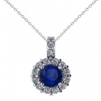 Round Blue Sapphire & Diamond Halo Pendant Necklace 14k White Gold (0.90ct)