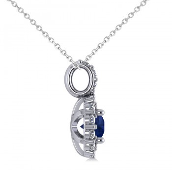 Round Blue Sapphire & Diamond Halo Pendant Necklace 14k White Gold (0.90ct)