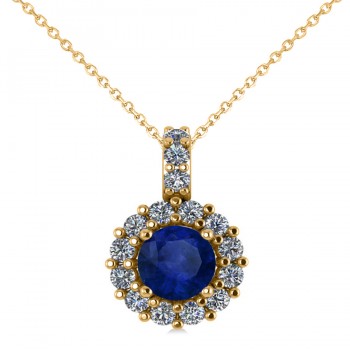 Round Blue Sapphire & Diamond Halo Pendant Necklace 14k Yellow Gold (0.90ct)