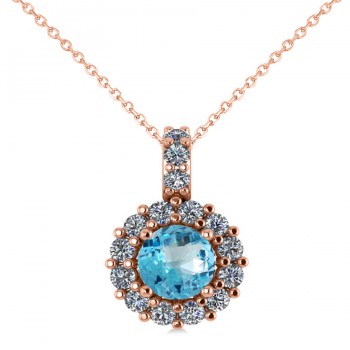 Round Blue Topaz & Diamond Halo Pendant Necklace 14k Rose Gold (0.86ct)