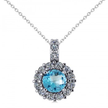 Round Blue Topaz & Diamond Halo Pendant Necklace 14k White Gold (0.86ct)