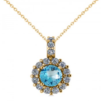 Round Blue Topaz & Diamond Halo Pendant Necklace 14k Yellow Gold (0.86ct)