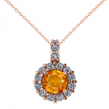 Round Citrine & Diamond Halo Pendant Necklace 14k Rose Gold (0.70ct)