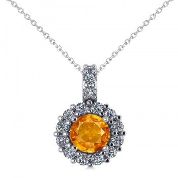 Round Citrine & Diamond Halo Pendant Necklace 14k White Gold (0.70ct)