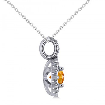 Round Citrine & Diamond Halo Pendant Necklace 14k White Gold (0.70ct)