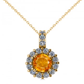 Round Citrine & Diamond Halo Pendant Necklace 14k Yellow Gold (0.70ct)